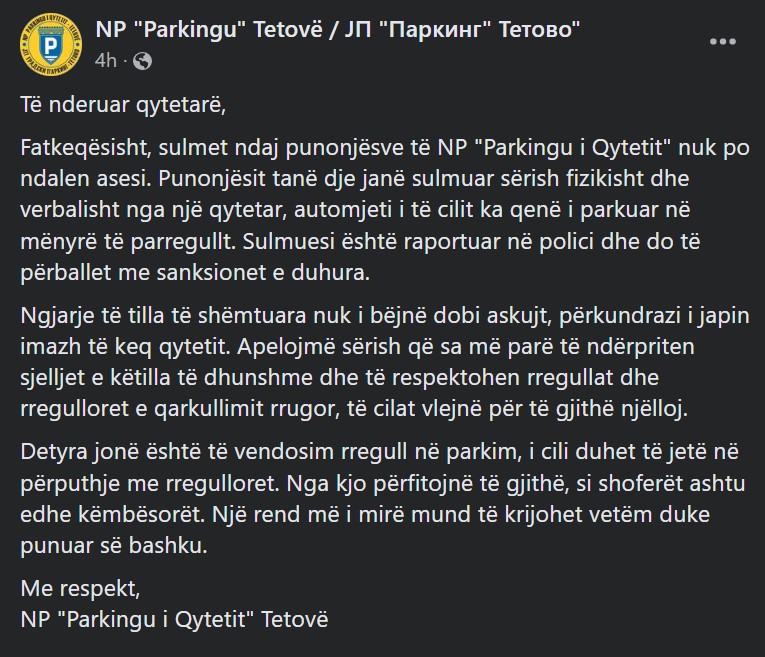 NP “Parkingu” Tetovë kërkon nga qytetarët që mos i rrahin punonjësit e parkingut të qytetit