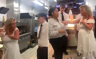 Futet në kuzhinën e McDonald’s dhe i merr dy hamburgerë që i fut në gjoks – pamjet e anglezes bëhen virale