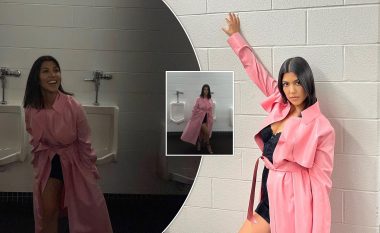Kourtney Kardashian modelon pallto lëkure në banjën e meshkujve