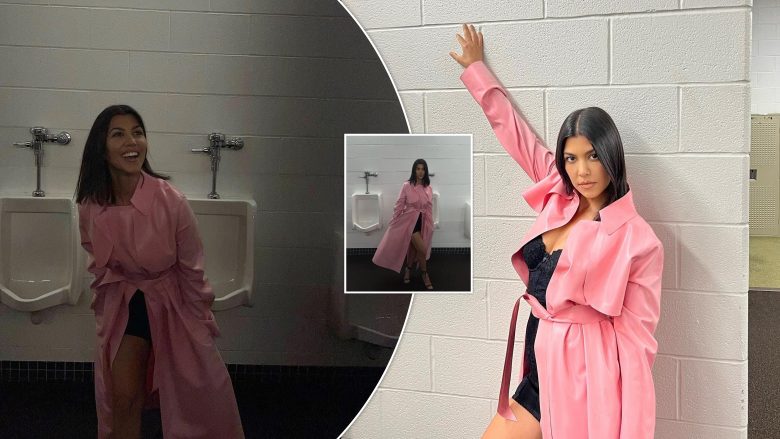 Kourtney Kardashian modelon pallto lëkure në banjën e meshkujve