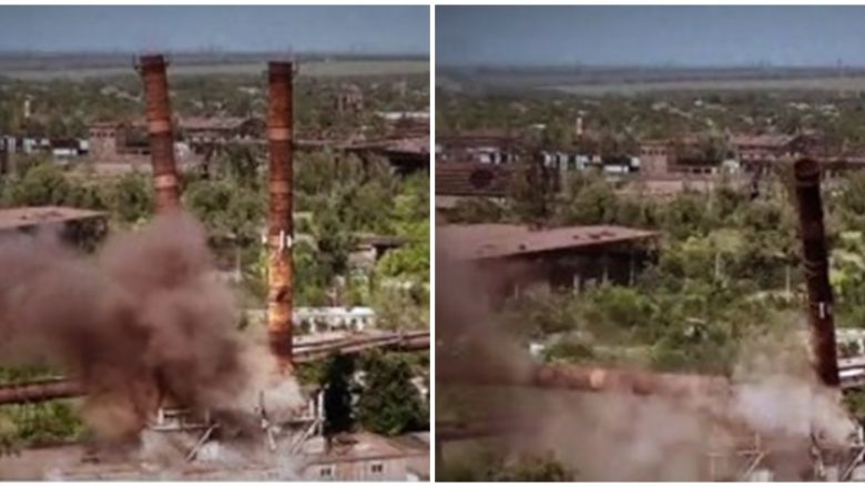 Momenti kur kullat e fabrikës së kaldajave në Mariupol shemben si pasojë e sulmeve ruse