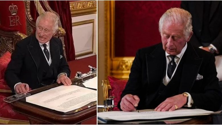 Mbreti Charles III “nervozohet” me tavolinën e vogël gjatë nënshkrimit të dokumenteve, kërkon t’i largohet kutia e stilolapsave