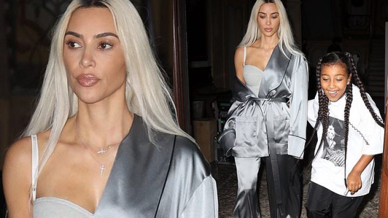 Kim Kardashian shfaqet me pizhame saten në Milano teksa shoqërohet nga vajza e saj North West