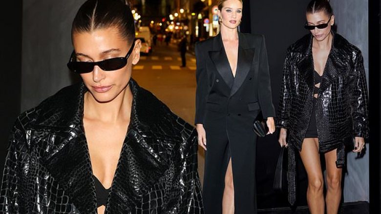 Hailey Bieber tregon këmbët e gjata me një fustan të shkurtër të zi, ndërsa Rosie Huntington-Whiteley mahnit me një fustan xhaketë në darkën e Saint Laurent në Paris