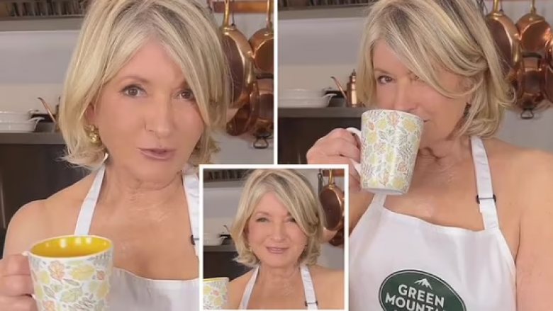 81-vjeçarja Martha Stewart shfaqet pa sytjena poshtë përparëses ndërsa promovon një markë kafeje
