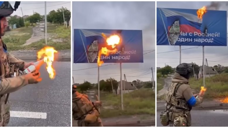 Pas çlirimit, ushtari ukrainas i vë zjarrin me koktej molotovi billboardeve propaganduese ruse në Kharkiv