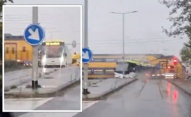 Autobusi i zbrazët mbetet në mes të binarëve, treni me pasagjerë e godet dhe e ndan në dysh – kalimtari filmon momentin e tmerrshëm në Holandë