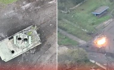 Këmbësoria ukrainase shkatërron tankun rus, fillimisht e godasin me mortaja – asistohen nga droni
