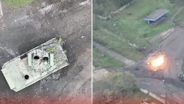 Këmbësoria ukrainase shkatërron tankun rus, fillimisht e godasin me mortaja – asistohen nga droni