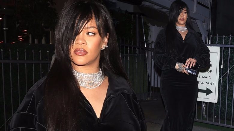 Rihanna duket tërë shkëlqim veshur me fustan prej kadifeje dhe qafore diamanti