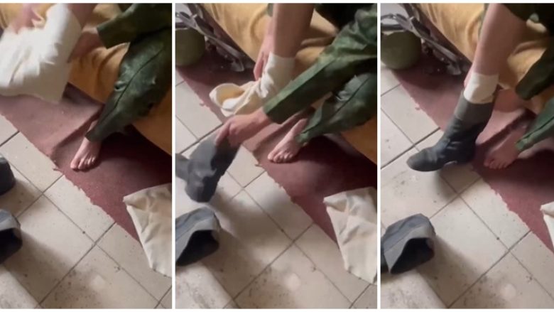 Pamje që Putini nuk do të dëshironte t’i shihte bota, ushtari rus mbështjell këmbët me “peshqir” para se të mbathë çizmet