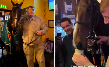 Kali fitues i Grand National në SHBA pi një birrë GUINNESS në një pijetore me trajnerin Shark Hanlon