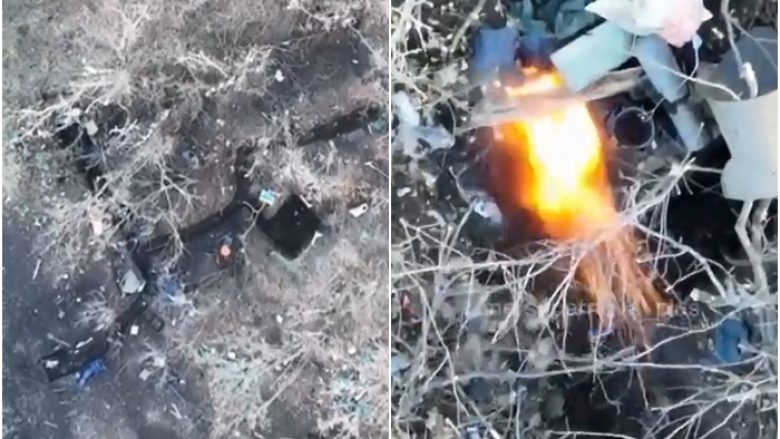 Tre ushtarë rusë nxituan për t’u fshehur brenda llogoreve – droni ukrainas i lëshon drejt tyre tre mjete shpërthyese