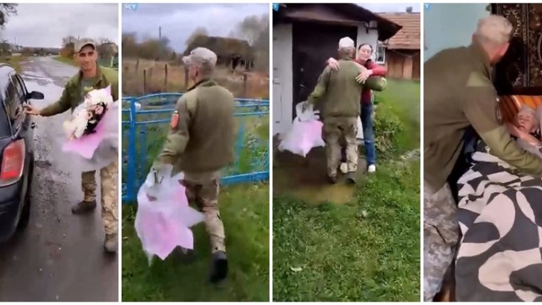 Kthehet nga fushëbeteja për një vizitë të papritur në familje, ushtari ukrainas mban buqetën me lule për nënën e moshuar