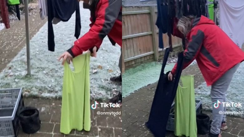 Britanikja u trondit me rezultatin kur i vendosi rrobat për t’u tharë në mot të ftohtë – videoja grumbullon miliona klikime