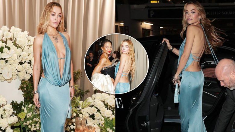 Rita Ora shkëlqen në darkën e “Vogue” e veshur me një fustan mëndafshi me dekolte të hapur