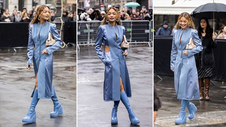 “Shiu i Prishtinës” në Javën e Modës në Paris – Rita Ora shkëlqen në të kaltër në ditën me shi të kryeqytetit francez