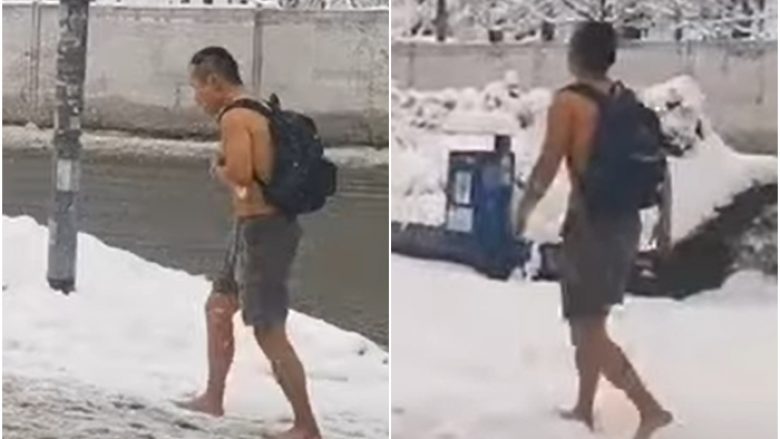 Një burrë u pa duke ecur zbathur dhe vetëm me pantallona të shkurtra në qytetin e Sarajevës