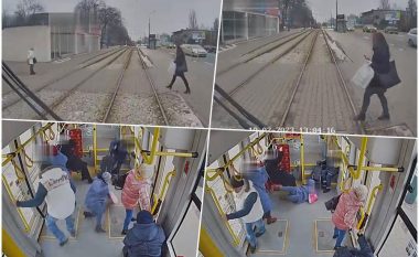 Me kufje në vesh dhe sytë në telefon, tramvaji për pak centimetra nuk e godet polaken – kamerat e sigurisë kapin momentin