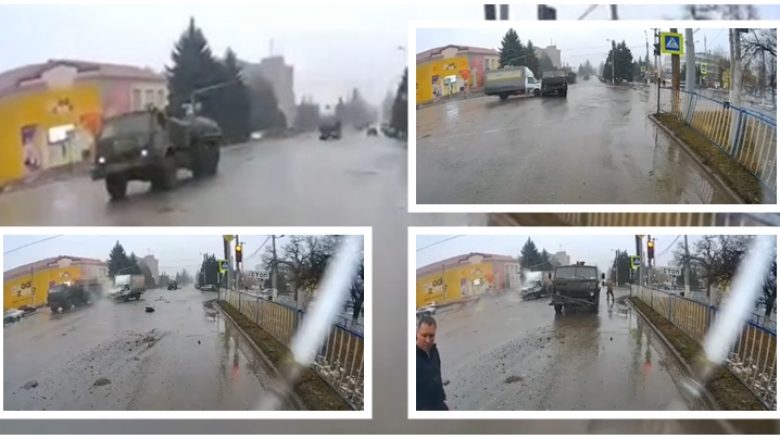 Konvoji i mjeteve ushtarake ruse kalojnë në të kuqen në qytetin ukrainas Antratsyt, autocisterna përplaset me një veturë civile