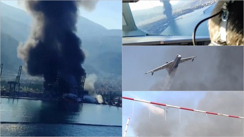 Zjarri në një port në Turqi u shkaktua nga tërmetet, momenti kur aeroplani “futet përmes tymit” për të ndaluar flakët