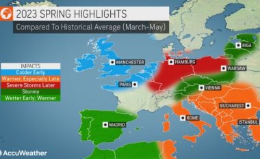 AccuWeather publikoi “parashikimin e madh pranveror” për Evropë – temperatura më të larta se zakonisht, nuk përjashtohen përmbytjet dhe stuhitë në Ballkan