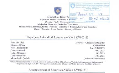Më 10 mars mbahet ankandi i dytë i letrave me vlerë, në shumën prej 30 milionë euro