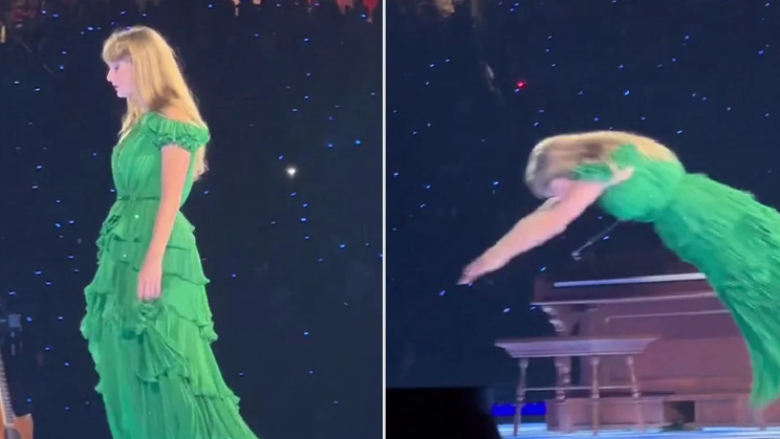 Taylor Swift zhytet në ujë dhe noton në një oqean të improvizuar në skenë