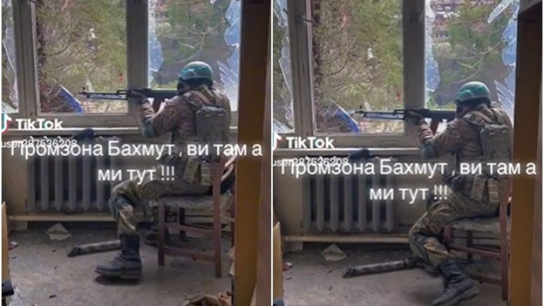I ulur në karrige dhe i relaksuar, ushtari ukrainas nis një breshëri të shtënash në drejtim të rusëve