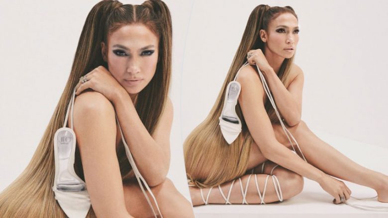 Jennifer Lopez pozon e zhveshur për koleksionin e këpucëve me flokët që mbulojnë trupin