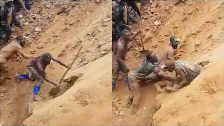 Pamje që tregojnë punëtorët që shpëtojnë të tjerët të bllokuar brenda një miniere të shembur në Kongo
