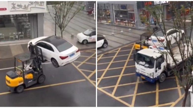 Parkoi Mercedesin ilegalisht para një objekti, ia largojnë me “pirunar” – pamjet nga Kina tregojnë metodën e pazakontë të konfiskimit