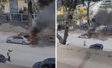 Tymi mbulon bulevardin Dëshmorët e Kombit në Tiranë, shpërthen në flakë një automjet