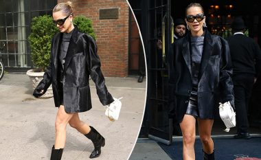 Rita Ora duket elegante në të zeza, ndërsa del nga një hotel në New York
