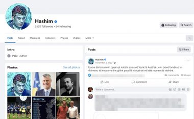 Hakohet faqja zyrtare e ish-presidentit Hashim Thaçi në Facebook