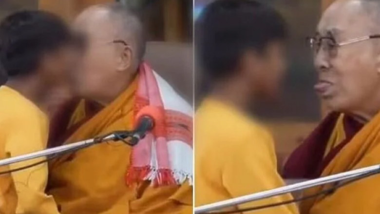 Dalai Lama puthi në gojë një djalë në publik