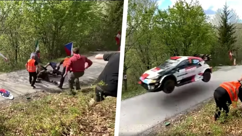 Spektatorët e WRC përleshen në mes të rrugës, disa sekonda përpara se aty të kalonte vetura e garave Rally