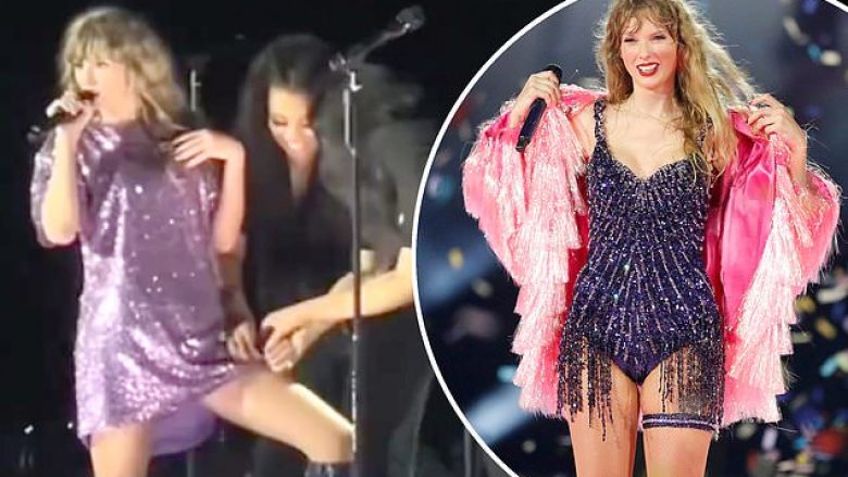 Taylor Swift përjeton një mosfunksionim të veshjes në skenë, gjersa këngëtarët mbështetës e ndihmojnë atë të zgjidhë problemin