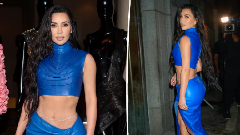 Kim Kardashian merr vëmendje e veshur me kostum të kaltër dhe zinxhirin e diamantit rreth belit