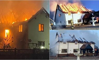 Një zjarr i madh shkatërroi një shtëpi në Angli, pronarët dhe kuajt e tyre u shpëtuan nga qentë e tyre
