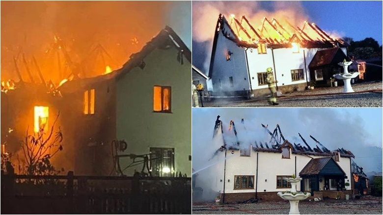 Një zjarr i madh shkatërroi një shtëpi në Angli, pronarët dhe kuajt e tyre u shpëtuan nga qentë e tyre