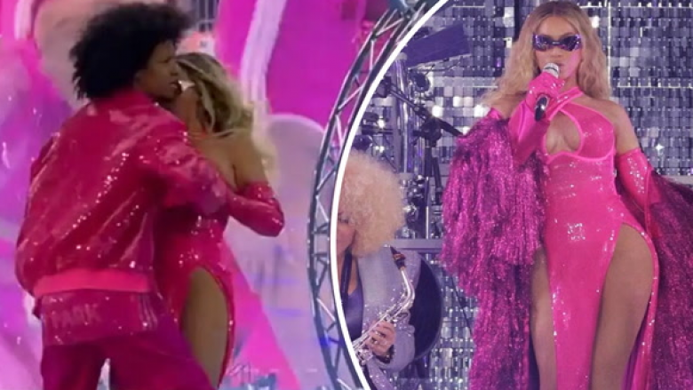 Moment i sikletshëm për Beyonce – i rrëshqet fustani gjatë performancës, por ndihmohet nga një prej valltarëve për të mos e parë publiku