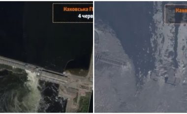 Para dhe pas shpërthimit, imazhet satelitore shfaqin digën Kakhovka që u hodh në erë