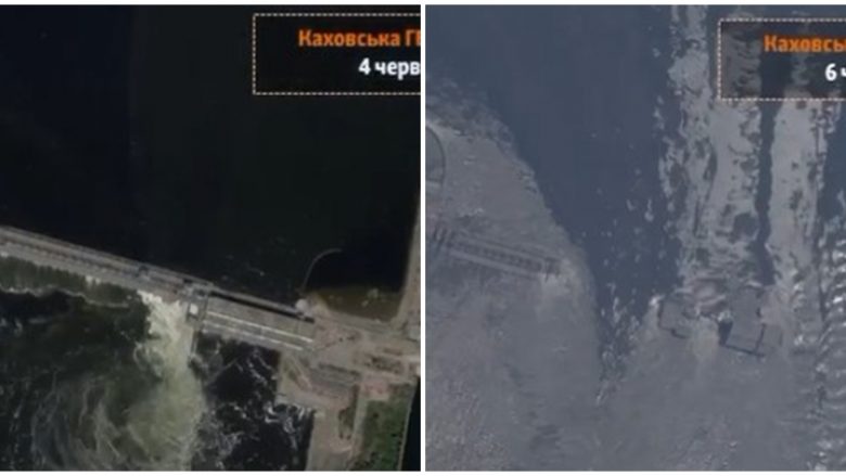 Para dhe pas shpërthimit, imazhet satelitore shfaqin digën Kakhovka që u hodh në erë