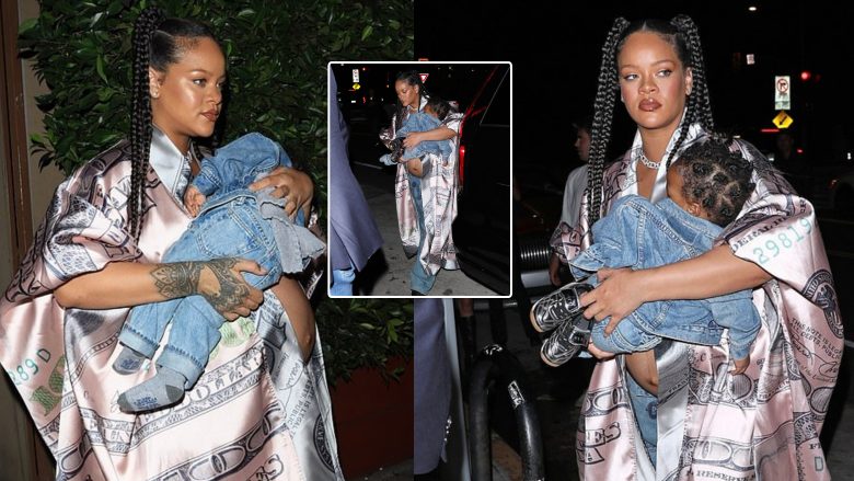Një nënë me stil si Rihanna, ylli fotografohet duke mbërritur në restorant me djalin e saj në krahë