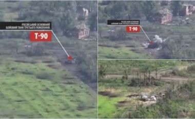 E shkatërruan, pastaj penguan evakuimin e tij me një tjetër goditje – momenti kur tanku “më i ri” rus T-90 e pëson nga dronët ukrainas