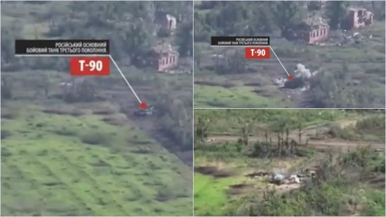 E shkatërruan, pastaj penguan evakuimin e tij me një tjetër goditje – momenti kur tanku “më i ri” rus T-90 e pëson nga dronët ukrainas