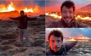 Të luash me zjarrin! Ky burrë i afrohet aq shumë llavës për të filmuar shpërthimin vullkanik në Islandë – pavarësisht paralajmërimeve për gazin toksik ‘kërcënues për jetën’