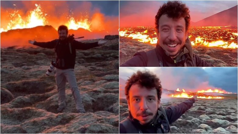 Të luash me zjarrin! Ky burrë i afrohet aq shumë llavës për të filmuar shpërthimin vullkanik në Islandë – pavarësisht paralajmërimeve për gazin toksik ‘kërcënues për jetën’