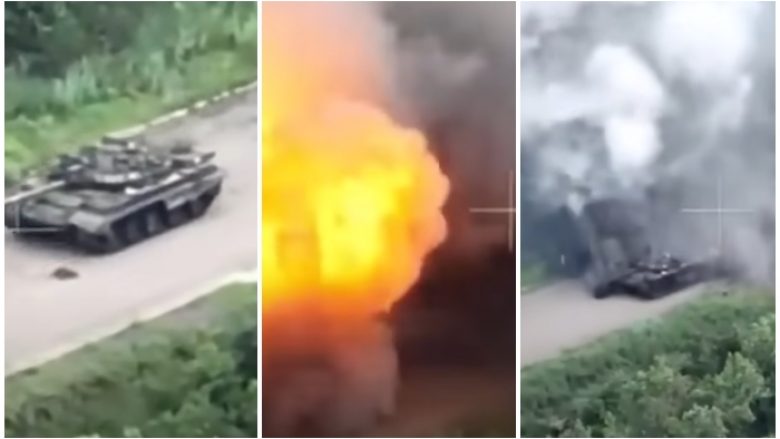 Tanku rus shpërthen në top flake masive në momentin kur goditet nga forcat ukrainase